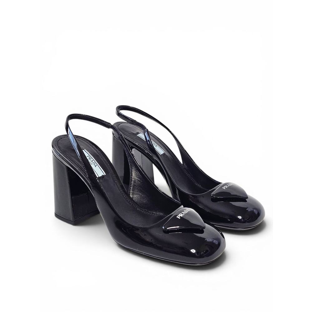 Prada Vernice Black Patent Leather Slingback Block Heel Pumps Triangle Logo 38 - Picture 11 of 11